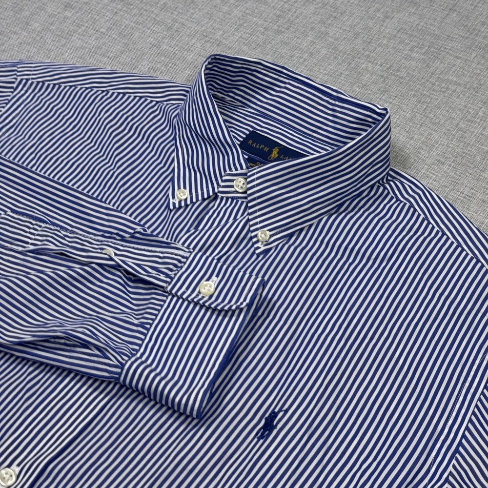 Ralph Lauren Classic Fit Cotton Stretch Button-Down Shirt Men Large Blue Striped